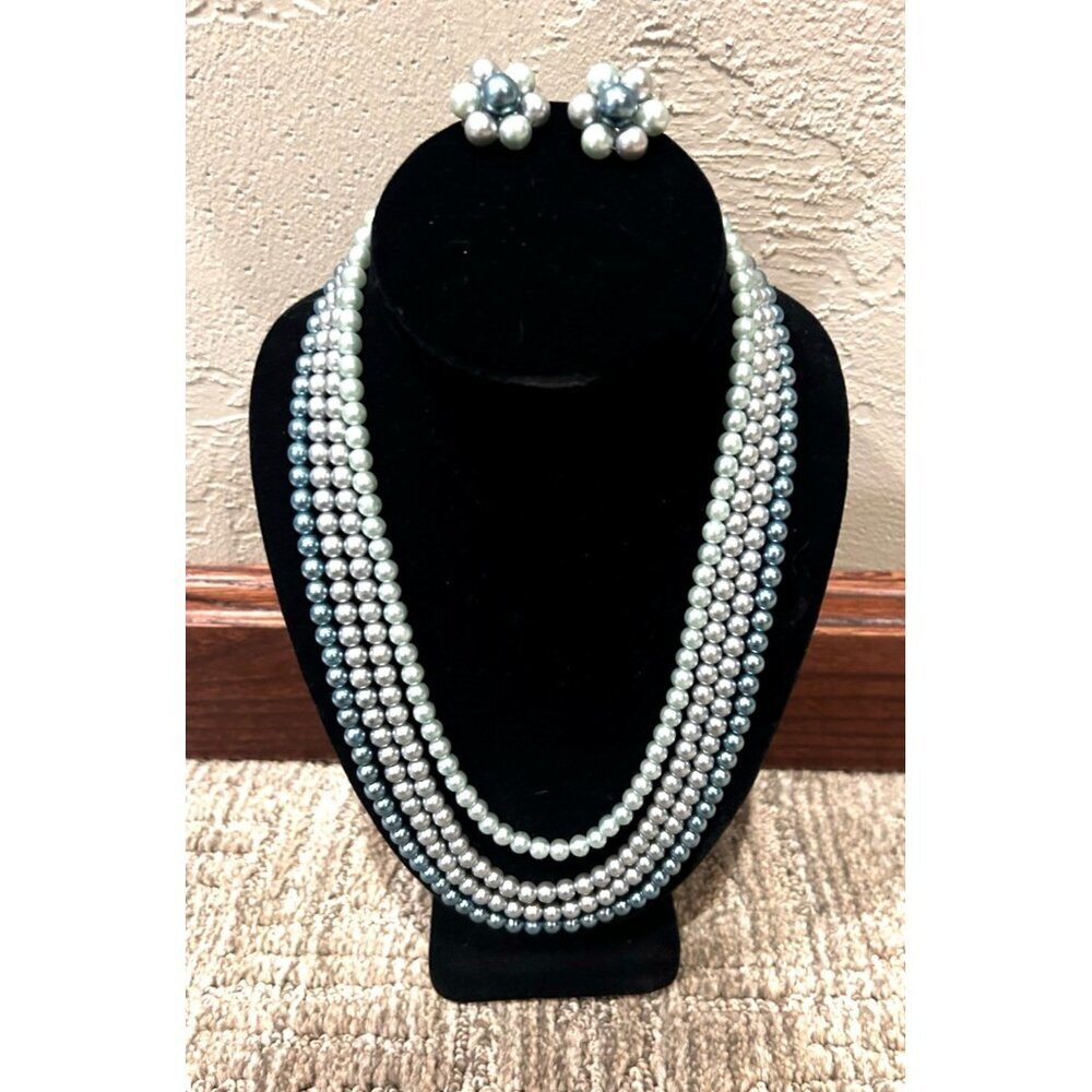 JAPAN GREY BLUE FAUX PEARL BEADS 4 STRAND NECKLACE & CLUSTER CLIP EARRINGS SET